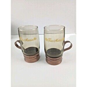 Tia Maria Coffee Liqueur Glass Copper Base & Swirl Handle Cups Mugs Set of 2